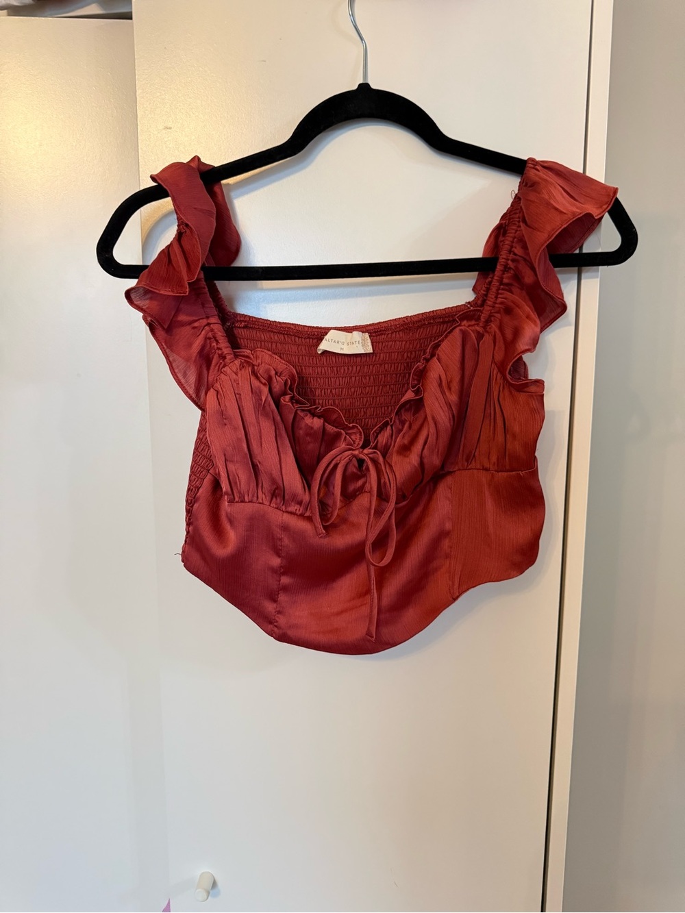 Altar'd State Ruffled Tie-Front Crop Top in Rust